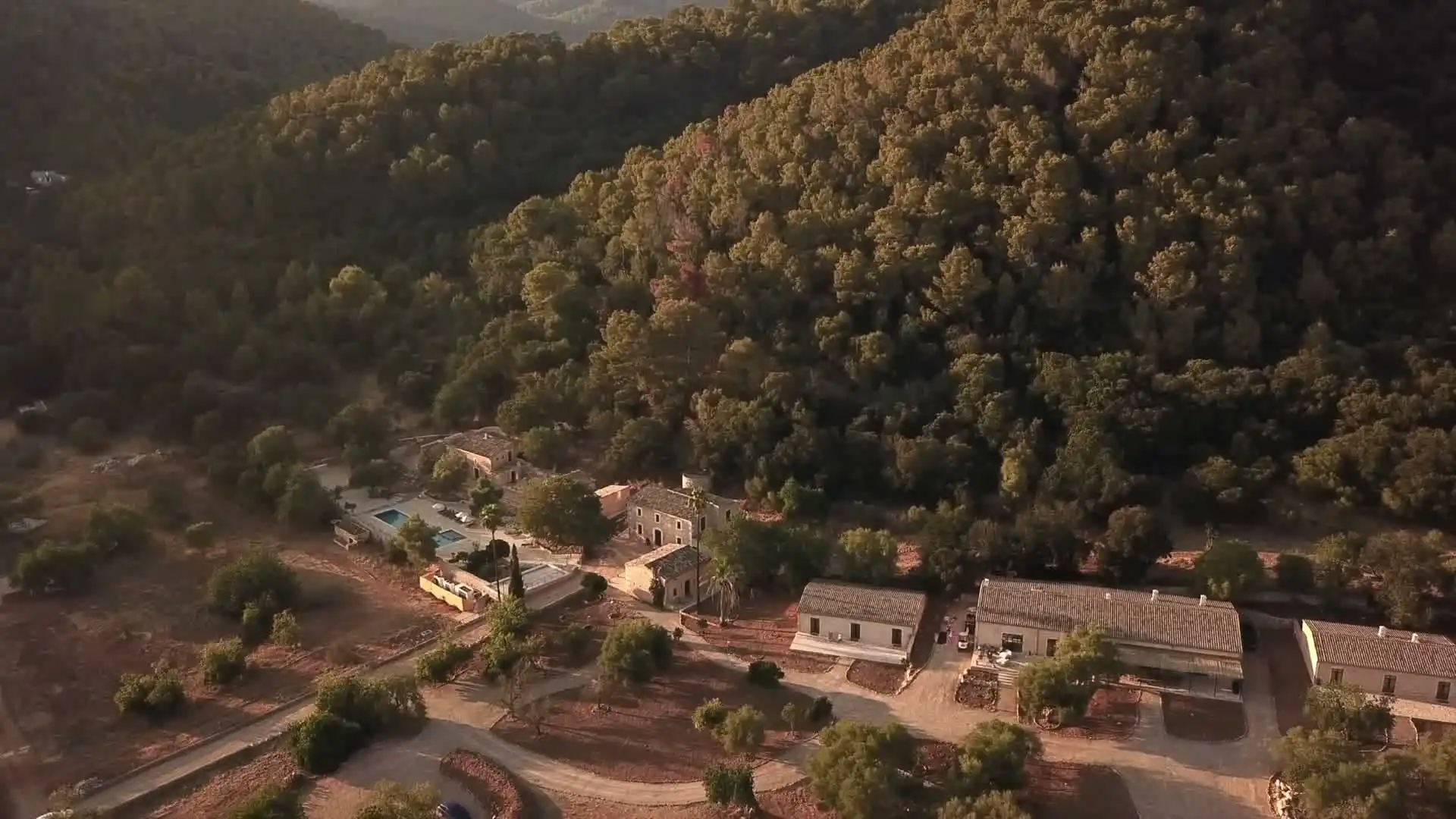 Vista aérea de TERRA — la finca privada entre olivares en Campanet, Mallorca